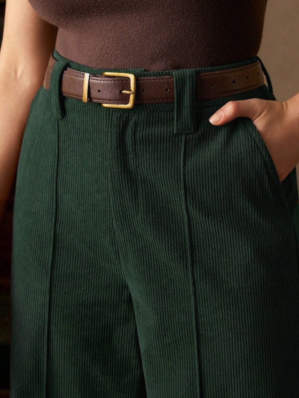 Dark Green Casual Women's Corduroy Trousers with Belt - Picture 7 of 7